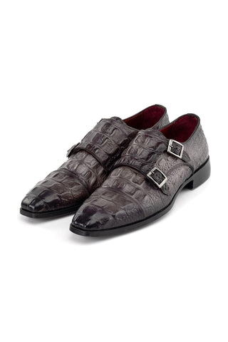 Paul Parkman Men's Handmade Shoes Crocodile Embossed Leather Double Monk-Strap (PM6465)-AmbrogioShoes