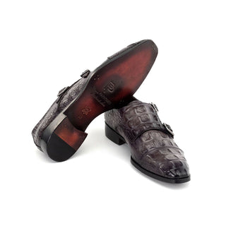 Paul Parkman Men's Handmade Shoes Crocodile Print Leather Double Monk-Strap (PM6465)-AmbrogioShoes