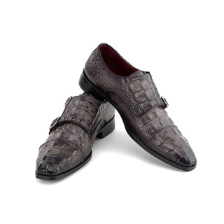 Paul Parkman Men's Handmade Shoes Crocodile Print Leather Double Monk-Strap (PM6465)-AmbrogioShoes