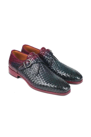 Paul Parkman Purple & Green Woven Calf-skin Leather Monkstraps Loafers 011WN28 (PM5908)-AmbrogioShoes