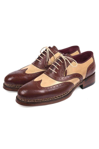 Paul Parkman Triple Leather Sole Goodyear Welted Wingtip Brogues Dual-tone Beige & Brown Oxfords (PM5614)-AmbrogioShoes