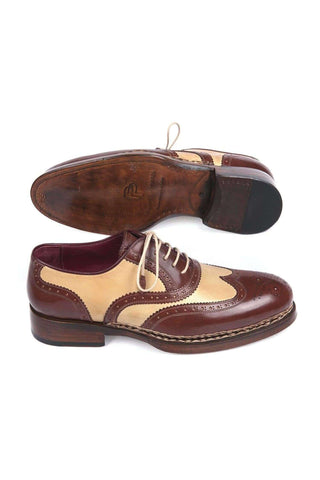 Paul Parkman Triple Leather Sole Goodyear Welted Wingtip Brogues Dual-tone Beige & Brown Oxfords (PM5614)-AmbrogioShoes