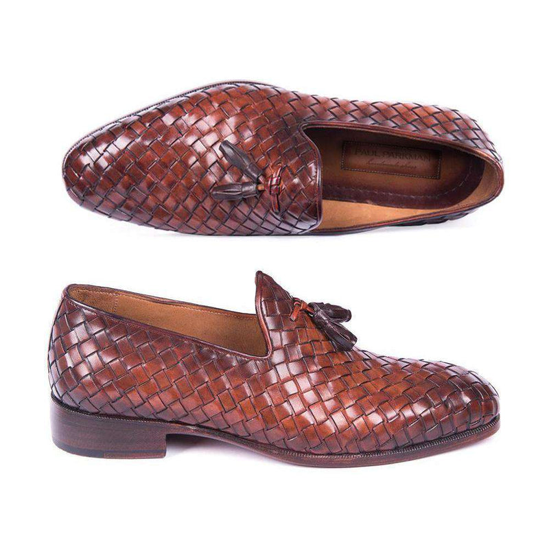 Paul Parkman Handmade Shoes Mens Brown Woven Calfskin Tassel Loafers (PM5803)-AmbrogioShoes
