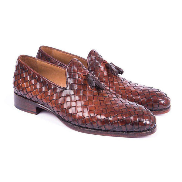 Paul Parkman Handmade Shoes Mens Brown Woven Calfskin Tassel Loafers (PM5803)-AmbrogioShoes