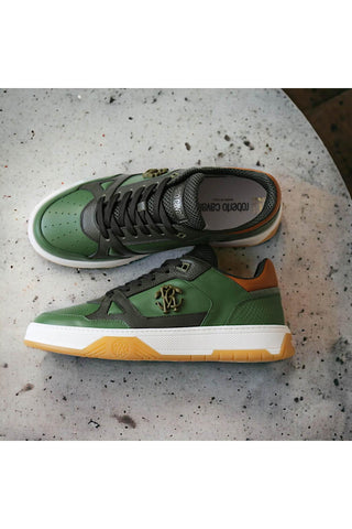 Roberto Cavalli 22537-B Militare Green Fabric / Calf-Skin Leather Casual Sneakers (RC1002)-AmbrogioShoes
