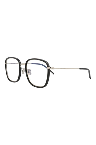 Saint Laurent SL440 unisex square eyeglasses with shiny black injection frames and sleek silver metal temples.