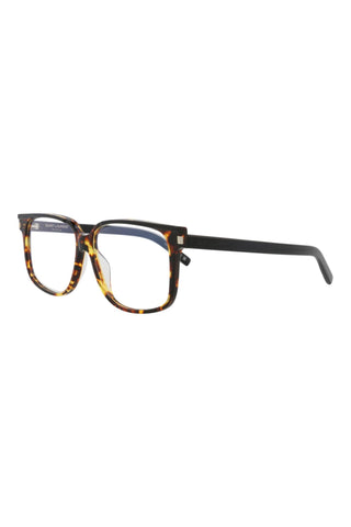 Saint Laurent SL599 square eyeglasses featuring a black and Havana spotted bilayer recycled acetate frame.
