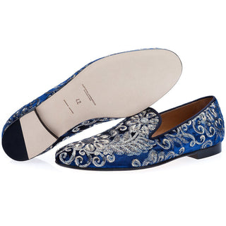 SUPERGLAMOUROUS Harley Ayame Men's Shoes Navy & Silver Embroidered Velvet Slipper Loafers (SPGM1178)-AmbrogioShoes