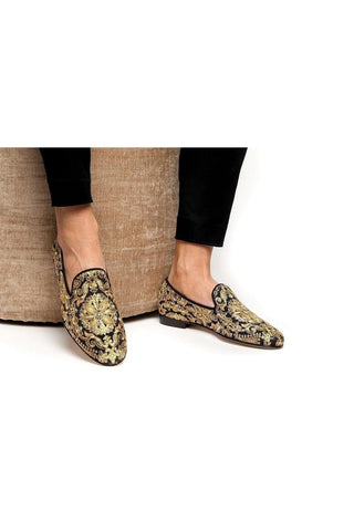 SUPERGLAMOUROUS Harley Yamka Black & Gold Embroidered Canvas Loafers (SPGM1028)-AmbrogioShoes