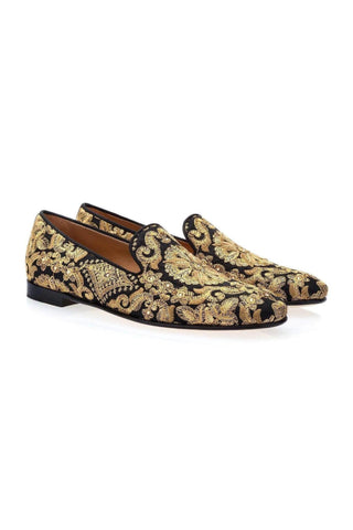 SUPERGLAMOUROUS Harley Yamka Black & Gold Embroidered Canvas Loafers (SPGM1028)