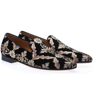 SUPERGLAMOUROUS Kabah 3289 Men's Shoes Black Combination Embroidered Velvet Slip-On Loafers (SPGM1285)-AmbrogioShoes
