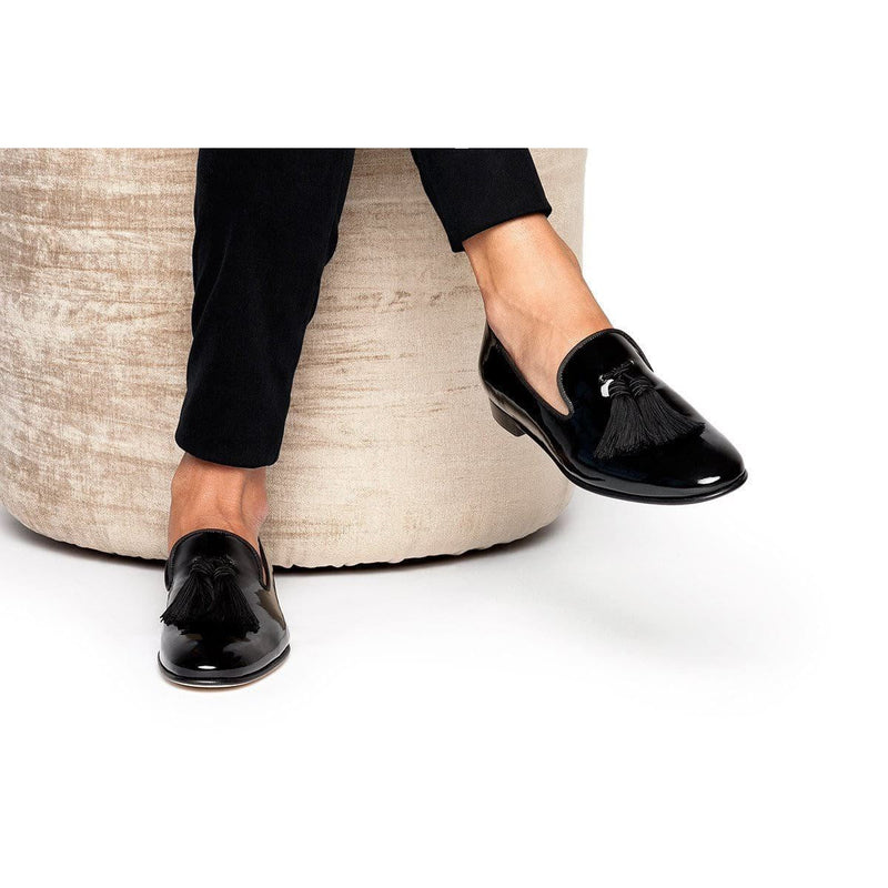 SUPERGLAMOUROUS Louis Men's Shoes Black Silk Patent Leather Tassel Slipper Loafers (SPGM1134)-AmbrogioShoes