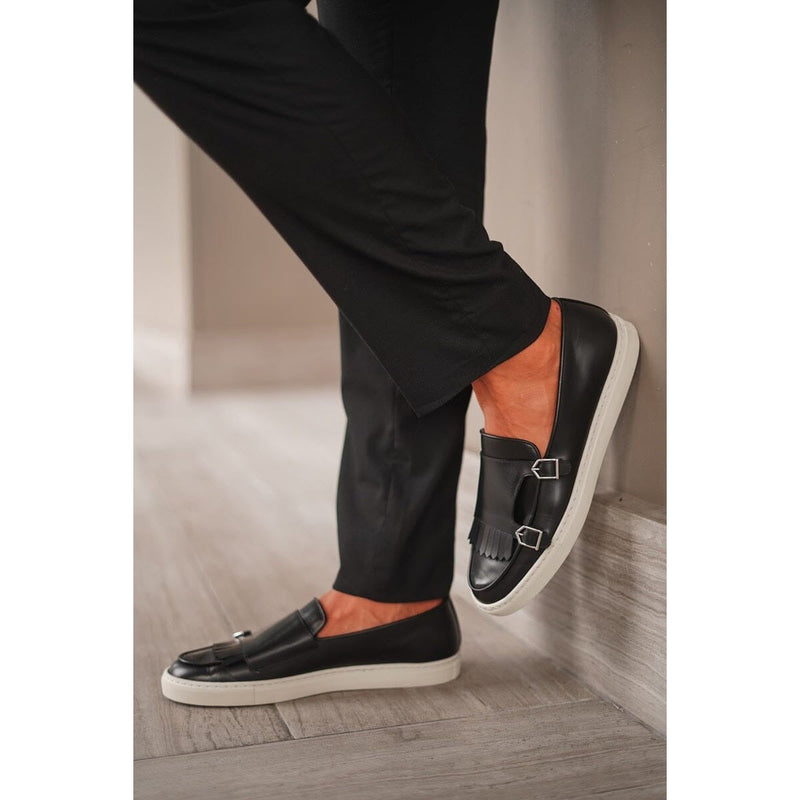 SUPERGLAMOUROUS TANGERINE 7.1 Men's Shoes Black Nappa Leather Double Monk Skate Sneakers (SPGM1295)-AmbrogioShoes