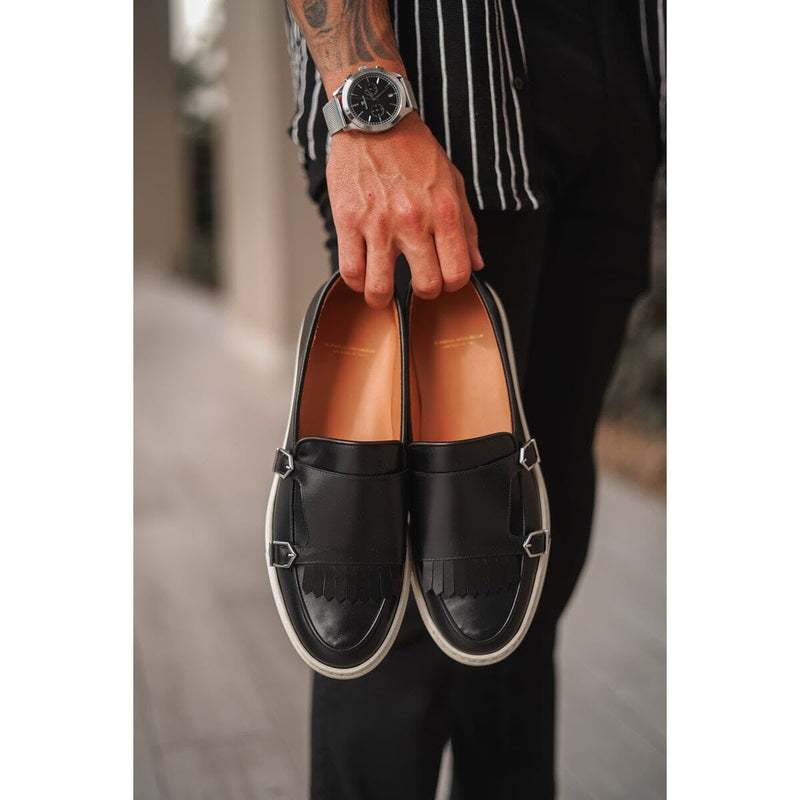 SUPERGLAMOUROUS TANGERINE 7.1 Men's Shoes Black Nappa Leather Double Monk Skate Sneakers (SPGM1295)-AmbrogioShoes