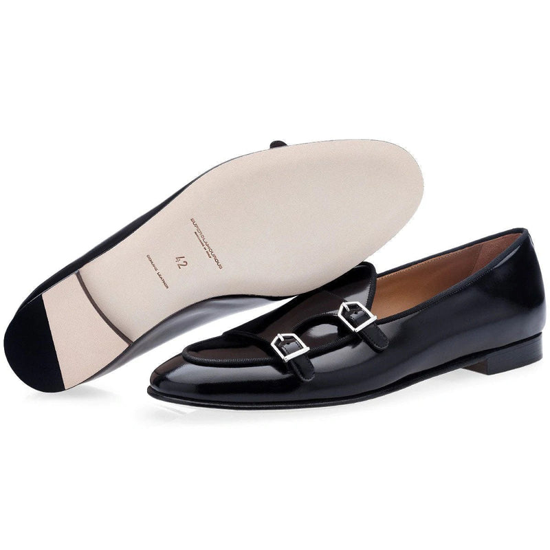Super Glamourous Tangerine 7 Men's Shoes Black Polished Leather Monk-Straps Belgian Loafers (SPGM1047)-AmbrogioShoes
