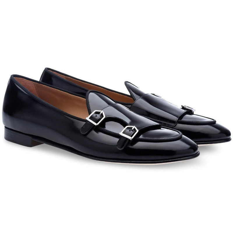 Super Glamourous Tangerine 7 Men's Shoes Black Polished Leather Monk-Straps Belgian Loafers (SPGM1047)-AmbrogioShoes
