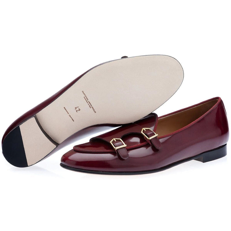 Super Glamourous Tangerine 7 Men's Shoes Burgundy Polished Leather Monk-Straps Belgian Loafers (SPGM1049)-AmbrogioShoes