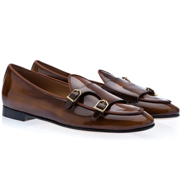 Super Glamourous Tangerine 7 Men's Shoes Cognac Polished Leather Monk-Straps Belgian Loafers (SPGM1050)-AmbrogioShoes
