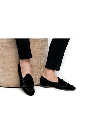 SUPERGLAMOUROUS Tangerine 7 Velour Black Velvet Monk-Straps Belgian Loafers (SPGMS1022)