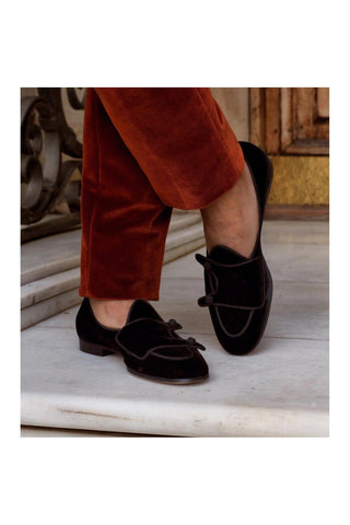 SUPERGLAMOUROUS Tangerine 7 Velour Black Velvet Monk-Straps Belgian Loafers (SPGMS1022)