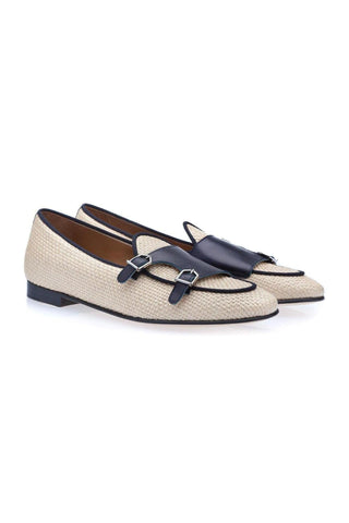 SUPERGLAMOUROUS Tangerine 7 White & Navy Woven Rafia / Leather Monk-Straps Loafers (SPGM1130)