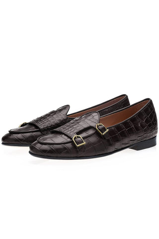 SUPERGLAMOUROUS Tangerine Exotic Crocodile Double Monk Belgian Loafer (SPGM1349)-AmbrogioShoes
