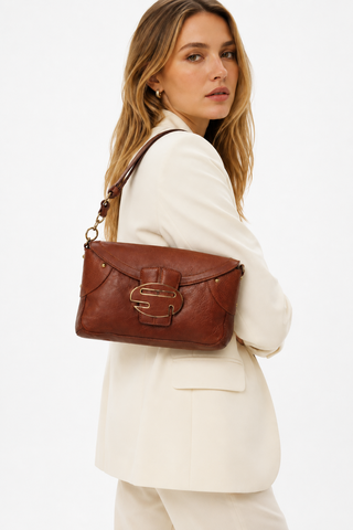 Sergio Rossi handbag Leather Chocolate Brown Baguette Bag (SR1107)-AmbrogioShoes