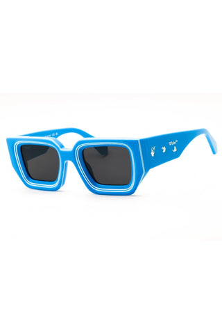 Off-White FRANCISCO AF rectangular sunglasses in bright blue plastic with white frame detailing and side logo branding.
