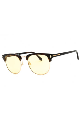 Tom Ford FT0248 men's rectangular sunglasses with a tortoiseshell acetate brow, gold metal rims, and light yellow lenses.