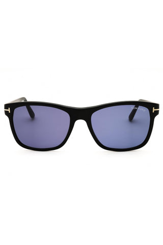 Tom Ford FT0698 men's rectangular sunglasses featuring a black acetate frame and blue-tinted lenses with signature gold T-logo.