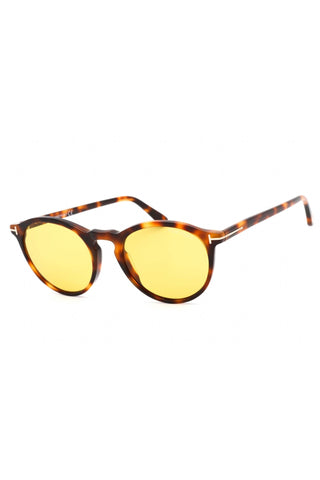 Tom Ford FT0904 round sunglasses featuring a tortoiseshell acetate frame and vibrant yellow lenses for men.