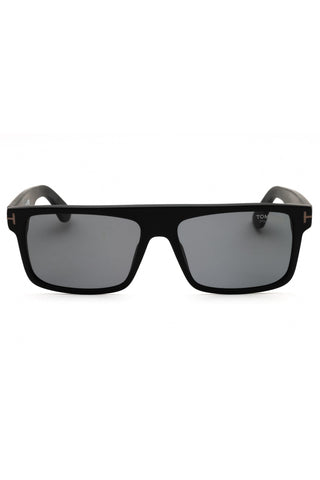 Tom Ford FT0999-N men's rectangular sunglasses featuring a sleek black acetate frame and dark grey polarized lenses.