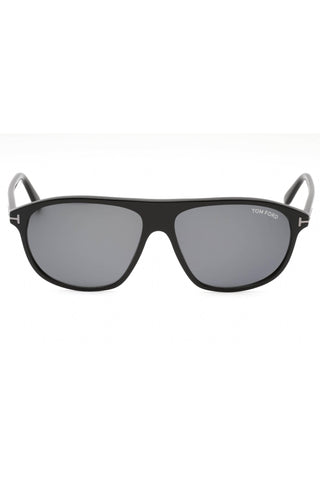 Tom Ford FT1027-N men's rectangular black acetate sunglasses with grey lenses and signature T-logo temples.