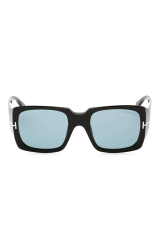 Tom Ford FT1035 rectangular black acetate sunglasses with light blue lenses and signature gold T-logo temples.