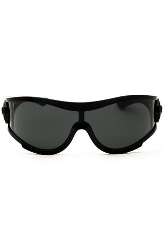 Versace 0VE4475 unisex shield sunglasses featuring a sleek black frame and dark grey lenses on a white background.