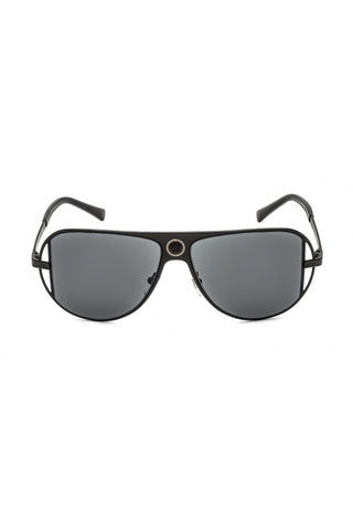 Versace VE2212 men's black metal aviator sunglasses with grey lenses and signature gold-tone Greek key bridge detail.