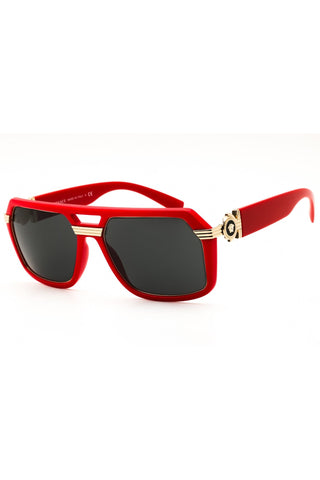 Versace VE4399 men's rectangular red acetate sunglasses with dark lenses and gold Medusa temple accents.