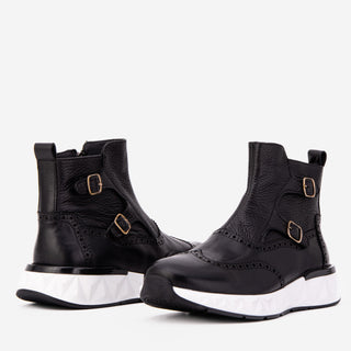 The Stealth Wingtip Buckle Black Leather Men Boot-AmbrogioShoes