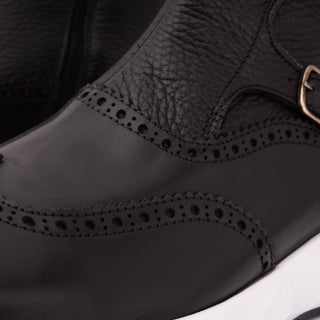 The Stealth Wingtip Buckle Black Leather Men Boot-AmbrogioShoes