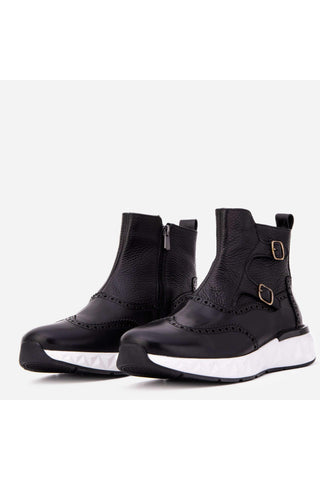 The Stealth Wingtip Buckle Black Leather Men Boot-AmbrogioShoes