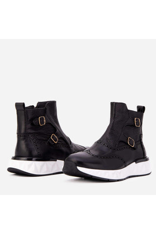 The Stealth Wingtip Buckle Black Leather Men Boot-AmbrogioShoes