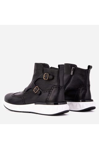 The Stealth Wingtip Buckle Black Leather Men Boot-AmbrogioShoes