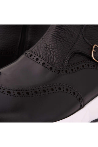 The Stealth Wingtip Buckle Black Leather Men Boot-AmbrogioShoes