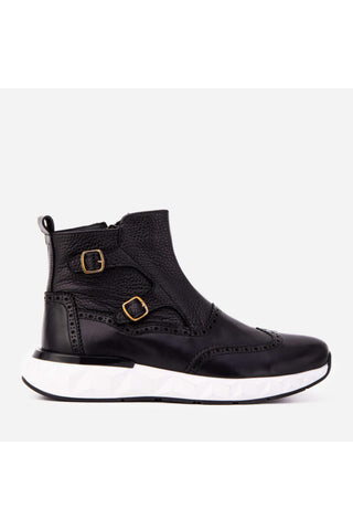 The Stealth Wingtip Buckle Black Leather Men Boot-AmbrogioShoes