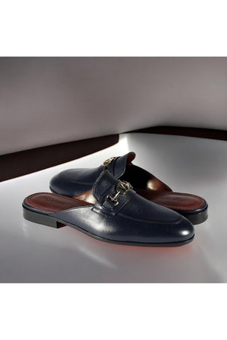 Valentino 19700/M Navy Blue Calf-Skin Leather Slipper Mules (VAL1002)-AmbrogioShoes