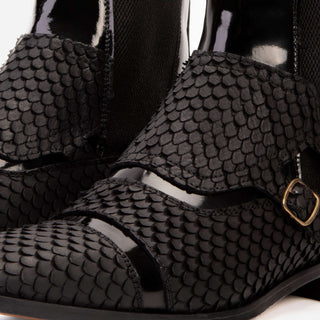 Vinci Orion Embossed Leather Double Monk-Strap Boot - Black-AmbrogioShoes