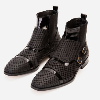 Vinci Orion Embossed Leather Double Monk-Strap Boot - Black-AmbrogioShoes