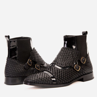 Vinci Orion Embossed Leather Double Monk-Strap Boot - Black-AmbrogioShoes