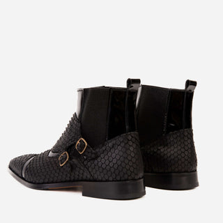 Vinci Orion Embossed Leather Double Monk-Strap Boot - Black-AmbrogioShoes