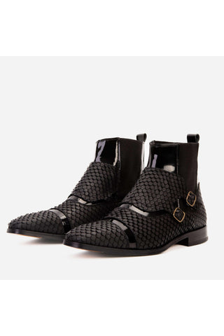 Vinci Orion Embossed Leather Double Monk-Strap Boot - Black-AmbrogioShoes